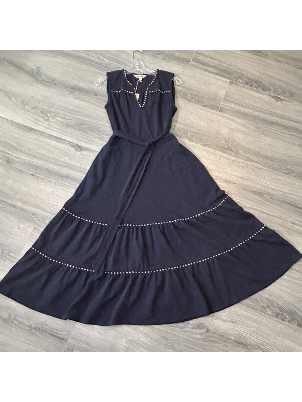 Boden Dress Womens 4P Navy Pom Pom Tiered Maxi Sundress Belted Boho Cotton
